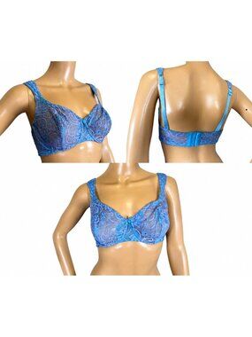 Vintage 80s Lilyette Lace Underwire Bra Blue Purple Floral Lingerie Size 32D